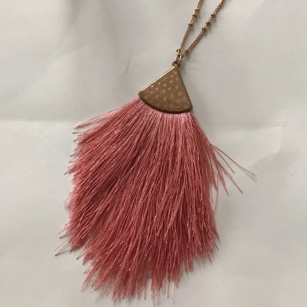 Coral Color Long Fringe Pendant Necklace - Picture 2 of 6
